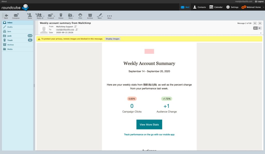 Roundcube webmail access bundled with website hosting