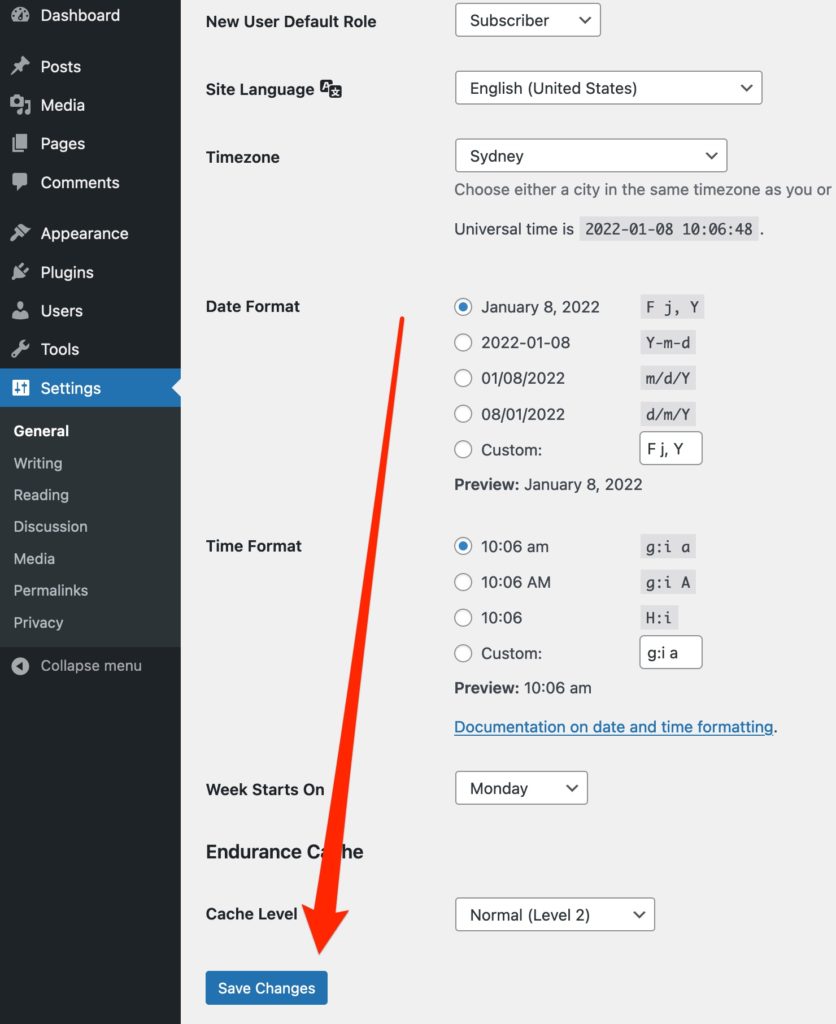 Save Changes to General Settings