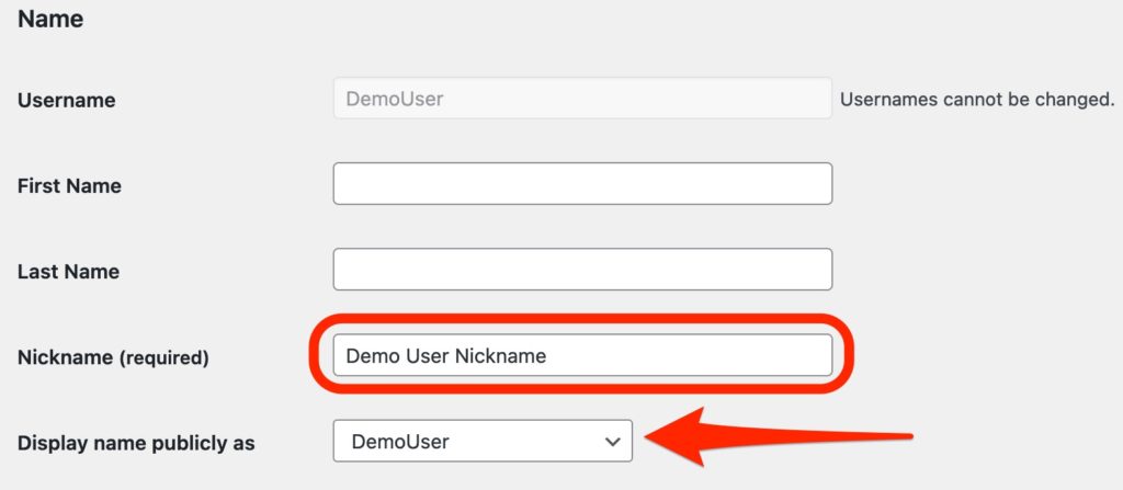 Update the Nickname and Display Name in WordPress profile